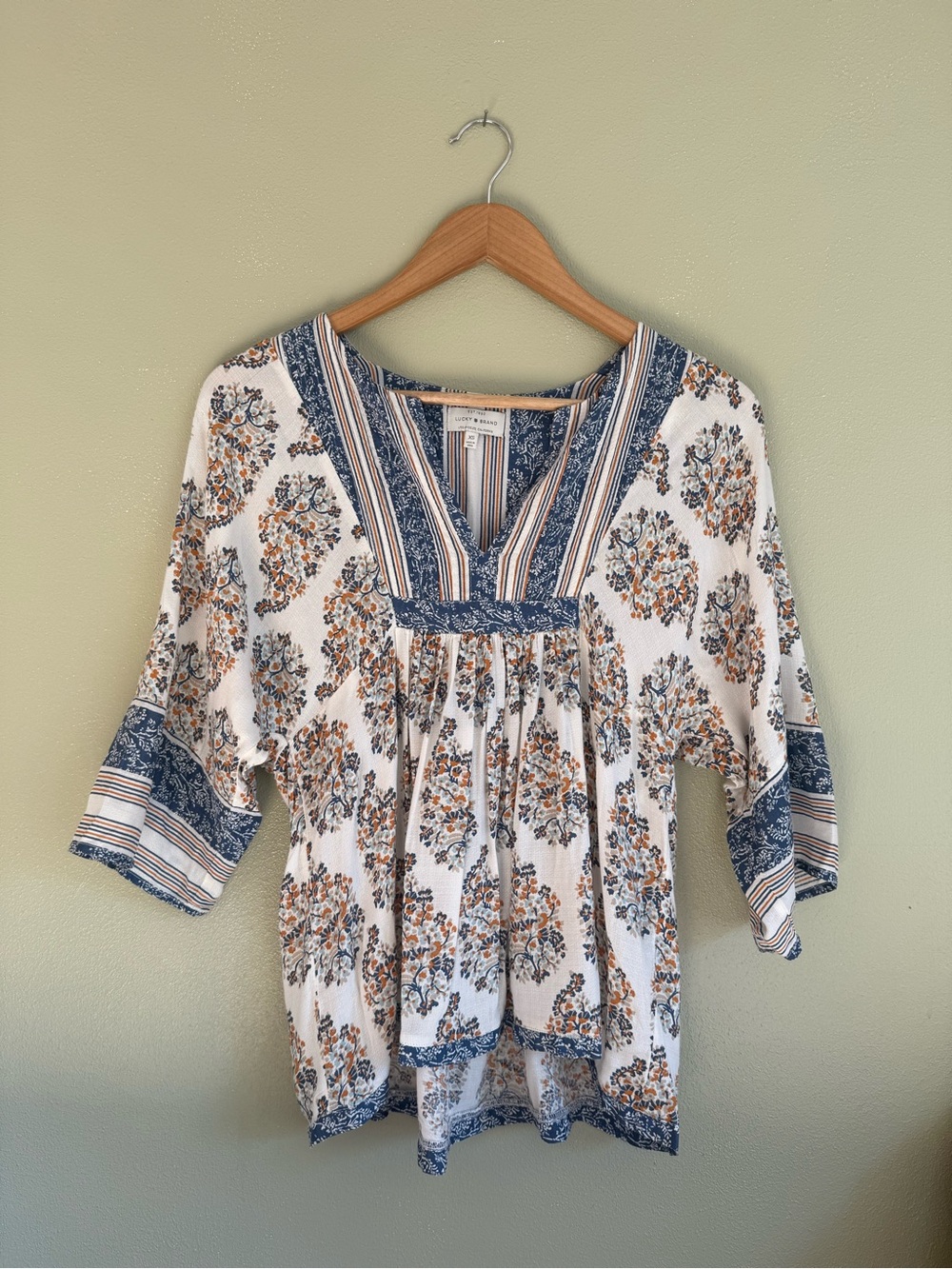 Lucky Brand Boho Floral Peasant Top in Cream and Blue Women’s Size XS